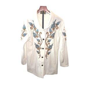 Bob Mackie Wearable Art Coat Womens M Ivory Blue Gold Peacock Fleece A11560